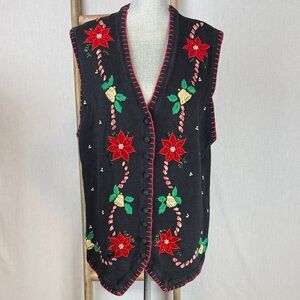 VTG Victoria Jones Christmas Sweater Vest L Black Poinsettia Candy Cane Beaded